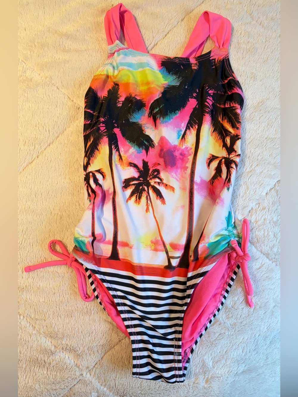 Justice Neon Pink Tropical Palm One-Piece Swimsuit